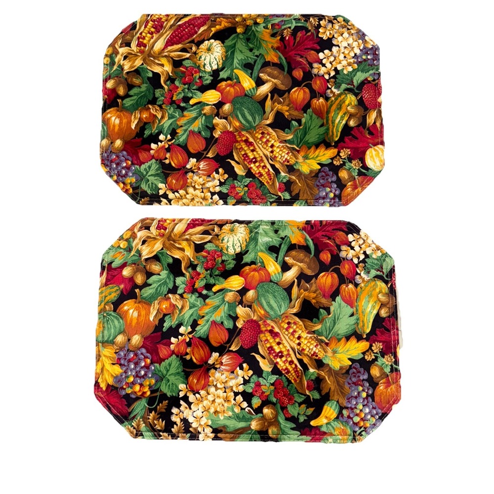 Set Of 2 Fall Thanksgiving Cloth Placemats Pumpkins Gourds Corn Colorful